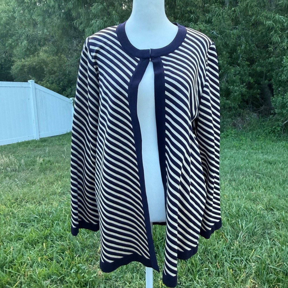 Misook Cardigan Women L Navy Blue Striped Open Front Knit Sweater Minamilist